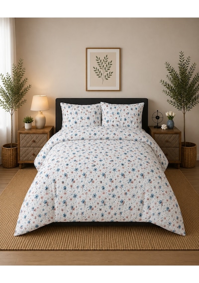 Çift Kişilik Nevresim Takımı %100 Pamuk 200x220 Lastikli Çarşaflı 160x200 Mavi - Turuncu