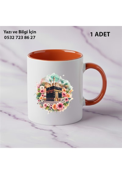 Çiçekli Kabe Baskılı Kişiye Özel İsimli Kupa Bardak - İçten Hediye Maneviyat Kabe Temalı Turuncu