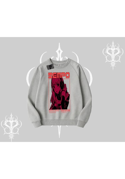 Startmore Biskilet Sweatshirt Anime Waifu Kırmızı Grafik Desenli Gri