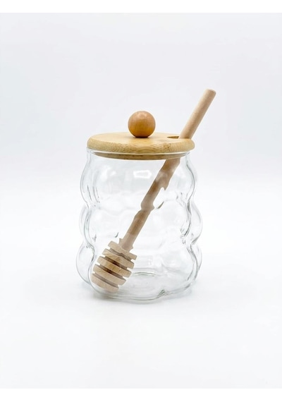 Borosilikat Cam Bal Kavanozu, Bambu Kapak 350ml Şeffaf
