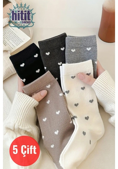 Hitit Socks Kadın 5 Çift Premium Kalite Kalpli Tenis Çorap Çok Renkli ASORTİ