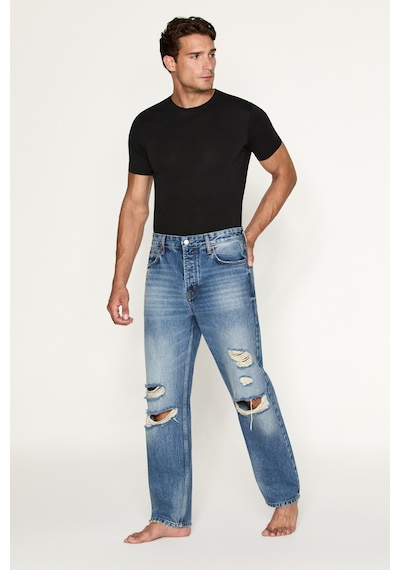 Grımelange Grimelange Beckett Erkek Straight Fit Yırtık Detaylı Jean Mavi Pantolon