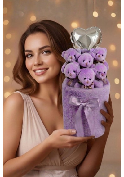 Sevgililer Günü Ne Özel: Premium Kalp Balonlu Deluxe Peluş Mor Ayıcık Buketi Özel Kutulu Tasarım