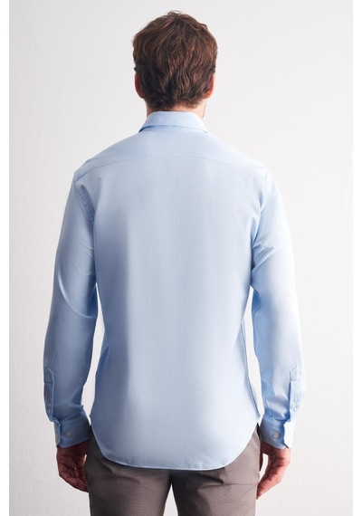 İmza Mavi Düğmeli Yaka Örme Uzun Kol Performans Ürün Slim Fit Esnek Gömlek 1004255270 Mavi