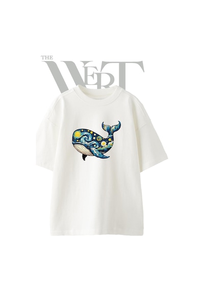 Thewert Whale Starry Night Tasarım Baskılı Ünisex Beyaz Oversize T-shirt