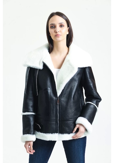 M M Marki Marki Kadın Siyah Deri Mont, Beyaz Kürklü, Balıkçı Yaka, Oversize Model, Şık Ve Sıcak Tasarım - 105222 Siyahbeyaz