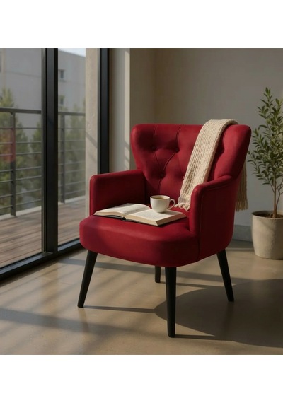 Waterybrook Tekli Berjer Koltuk - Kapitoneli Babyface Kumaş - Siyah Ahşap Ayaklı - Retro Modern Tasarım Bordo