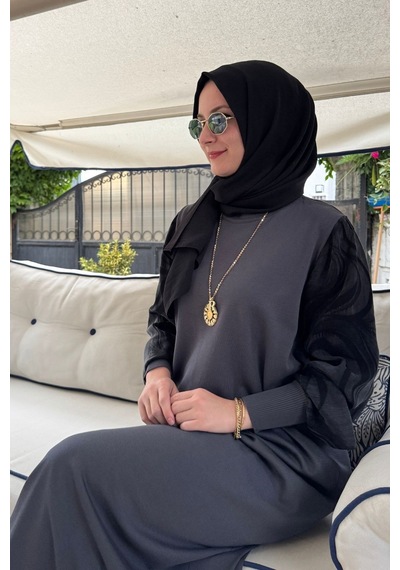 Rabia Şamlı Ebru Cupra Detaylı Triko Elbise Antrasit Normal
