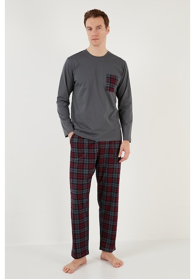 Buratti Ekoseli Cepli Beli Lastikli % 100 Pamuk Regular Fit Erkek Pijama Takımı 6572001 Antrasit