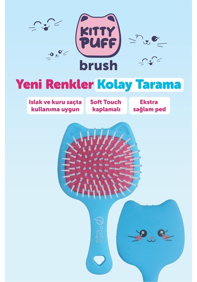 Beauty Kids Kitty Puf Açma Tarama Saç Fırçası Mavi