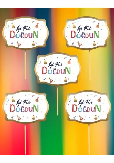 Konuşma Balonu 5li Set İyi Ki Doğdun Renkli Yazı Ve Varak Çerçeve Doğum Günü Akasesuarı 17x12cm +3