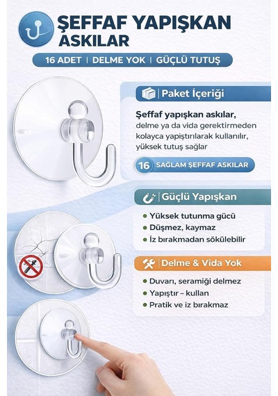 16'li Şeffaf, Vantuzlu Kanca Seti, Güçlü Tutuşlu, İz Bırakmayan Pvc Askı Aparatı, Işık Zinciri, Led Işık A Diğer