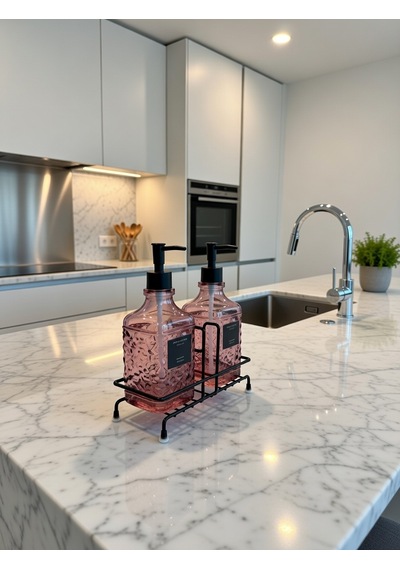 Modern Çizgili - Kabartmalı Cam İkili Sıvı Sabunluk & Deterjanlık Seti - 500ml Standlı Mutfak Ve Banyo Organizeri Pembe