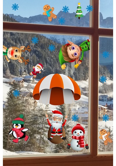Paraşütle Uçan Noel Baba Kardan Adam Penguen Ve Kurabiye Adamlar Yılbaşı Sticker
