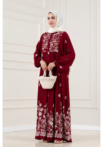 Sevitli Yarım Düğmeli Robalı Ceylan Elbise-bordo-5853