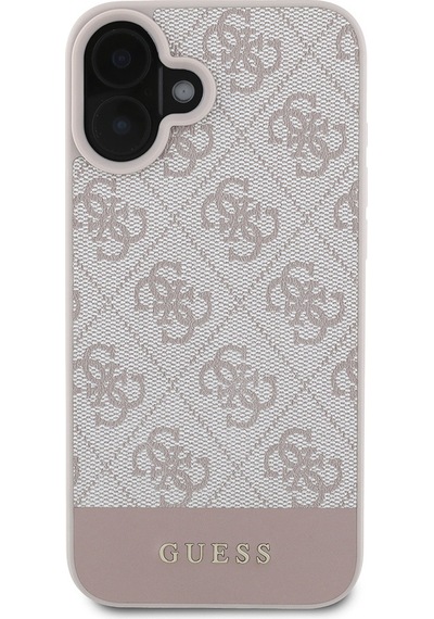 Apple Uyumlu iPhone 16 Kılıf Guess Lisanslı Pu Deri Şerit Logo Dizaynlı Kapak Pembe