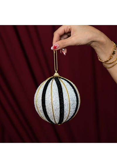 Yılbaşı Ağaç Topu Gold Şeritli Pullu 2'li Siyah Beyaz 12 Cm Diğer