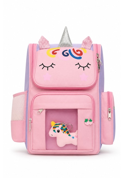 Quovo Unicorn Özel Tasarım Okul Çantası Aksesuar Hediyeli Ortopedik Pembe Sırt Çantası