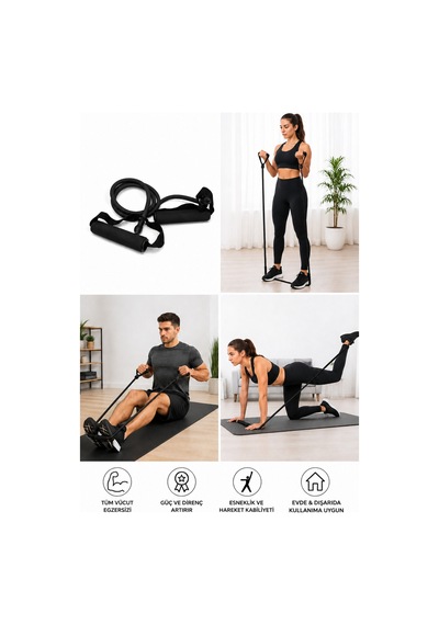 Tutamaçlı Direnç Bandı Siyah Fitness Pilates Egzersiz Lastiği Tüm Vücut Antrenman Bandı Siyah Siyah