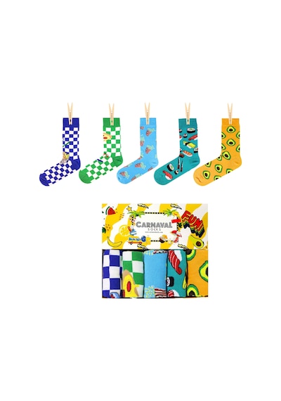 Carnaval Socks Damalı Ve Renkli 5'li Fast Food Tasarım Çorap Kutusu Beyaz - Mavi-turuncu-yeşil
