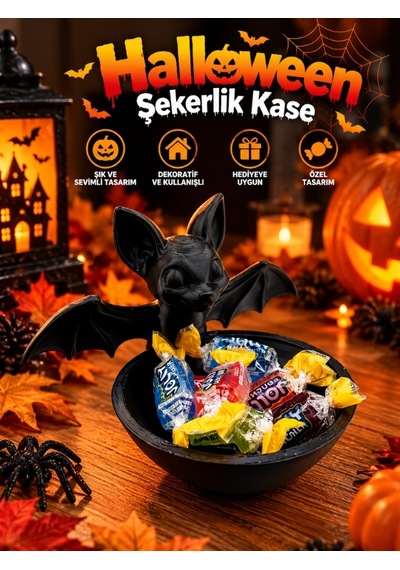 Halloween Cadılar Bayramı Dekoratif Yarasa Figürlü Şekerlik Kase Masa Üstü Dekor