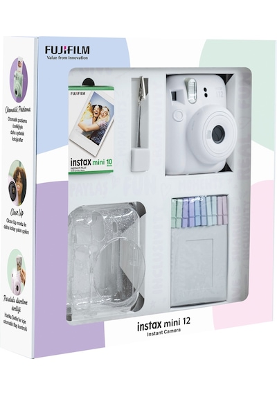 Fujifilm Instax Mini 12 Fotoğraf Makinesi + 10'lu Film Simli Pleksi Kılıf  Beyaz
