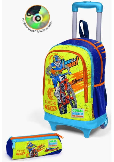 Coral High Kids Fosforlu Sarı Saks Motorsiklet Desenli Çekçekli 2'li Çanta Seti Set0223942