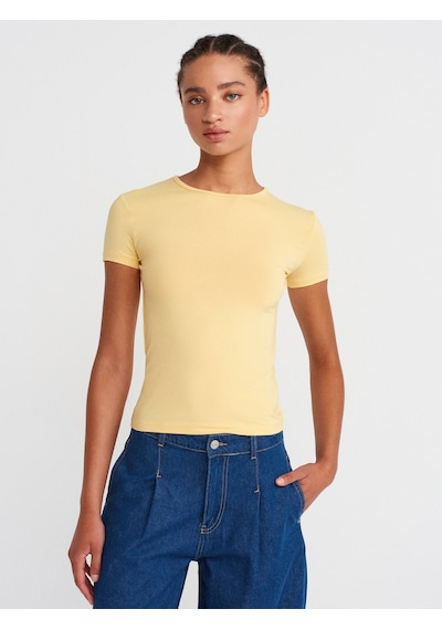 Dilvin 31906 Vücuda Oturan Kısa Kollu T-shirt-sarı Sari