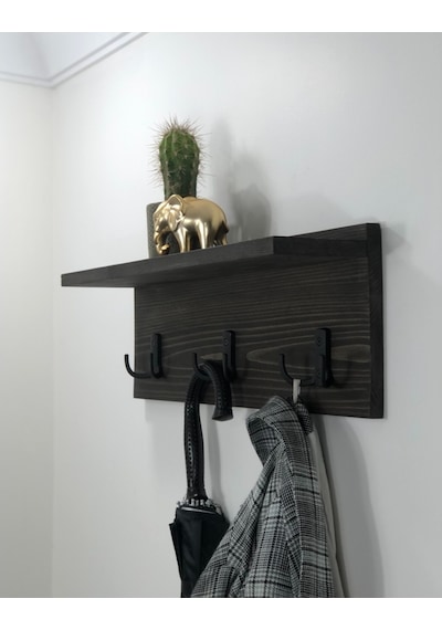 O&Awood Doğal Ahşap Vestiyer, Dekoratif 3 Askılı Portmanto, Raflı Vintage (505265535)