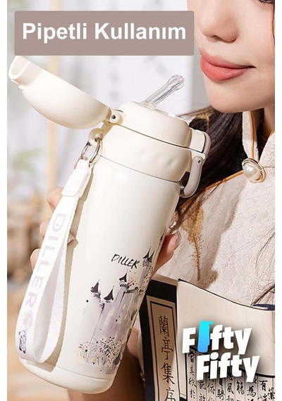Dıller 600 Ml Tek Kapak Çift Kullanım Pipetli/pipetsiz Taşıma Kulplu Vacum Cup/çelik Termos -ff