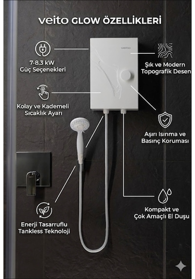Veito Glow 7-8.3kw Ani Su Isıtıcısı - A Sınıfı Enerji Tasarruflu, Hassas Sıcaklık Kontrollü Şofben Elektirikli Şofben Montaj Dahil Değildir.