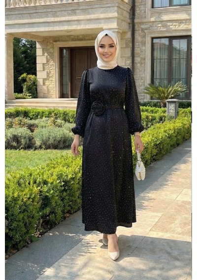 Hb Harma Time Butik Kadın İnci Detaylı Kuşaklı Siyah Saten Elbise Siyah Siyah