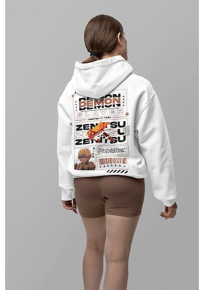 Sevbano Demon Slayer Zenitsu Baskılı Unisex Oversize Anime Hoodie Beyaz