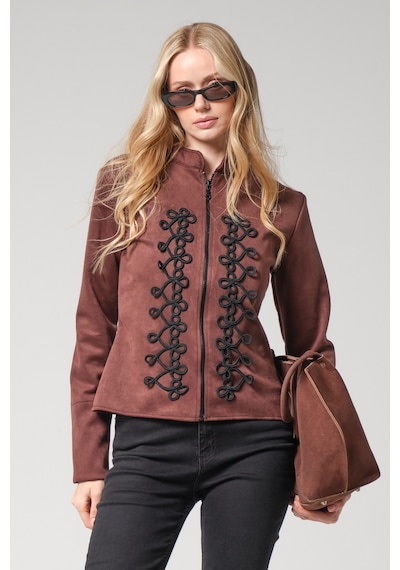 Mayrem Nakış İşleme Detaylı Slim Fit Fermuarlı Kadın Süet Ceket Kahverengi