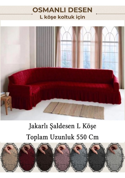Upmall Jakarli Şal Desen 7 Kişilik L Köşe Koltuk Örtüsü, Esnek Koltuk Kılıfı, Osmanlı Desen 550cm Bordo bordo