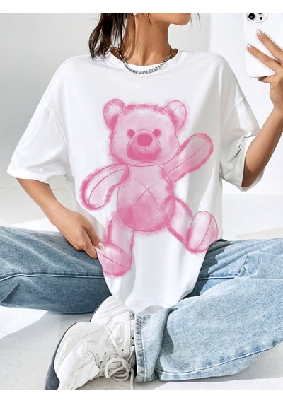 Noıssey Karikatür Ve Grafik Tasarım Oversize T-shirt Cartoon/letter Serisi Kod717 Beyaz