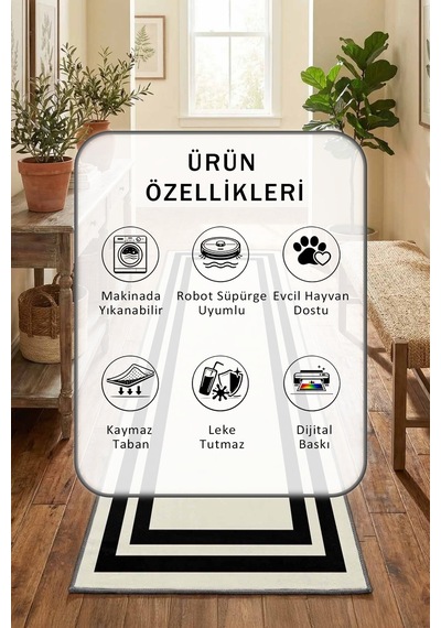 Çerçeve Krem Siyah Yıkanabilir Yolluk 2 Krem - Siyah
