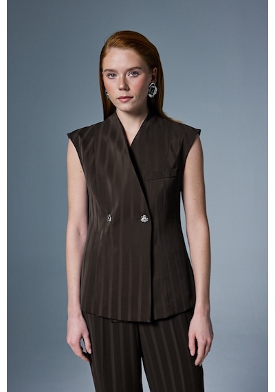 Sateen Anna Çizgili Yelek - Kahve-137068 Kahve