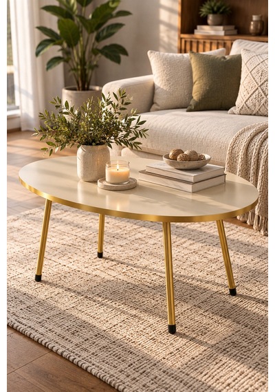Sulorahome Gold Metal Oval Orta Sehpa Krem