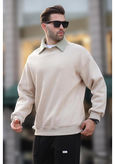 Madmext Bej Polo Yaka Erkek Sweatshirt 7086 Bej