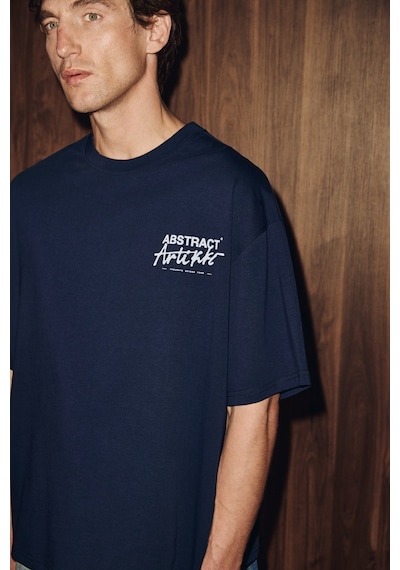 Grimelange Kyren Erkek Organik Pamuklu Önü Ve Arkası Baskılı Yuvarlak Yaka Lacivert T-shirt