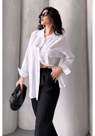 Paw Garage Kadın Harper Çift Cepli Oversize Keten Gömlek, 2025 Summer Collection Beyaz