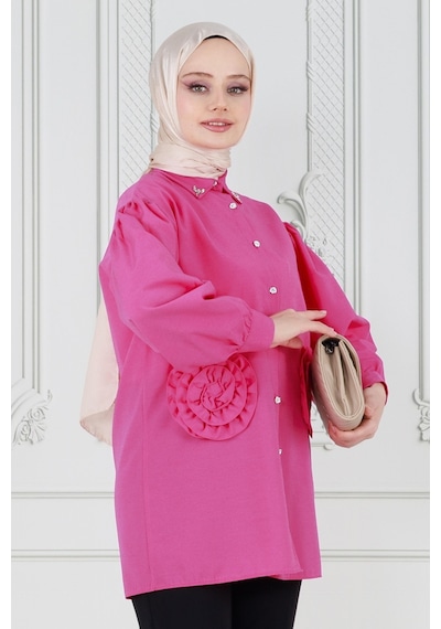 Sevitli Önü Gül Detaylı Tunik-fuşya-3633-fuşya Fuşya
