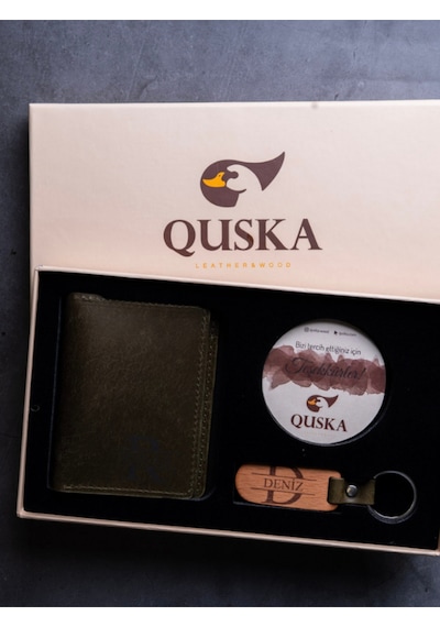 Quska Kişiye Özel İsimli El Yapımı Hakiki Deri Yeşil Cüzdan+anahtarlık Hediyelik Set- Grain Minimal Yeşil