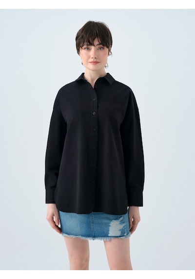 Oversize Fit Kadın Gömlek U.kol Siyah