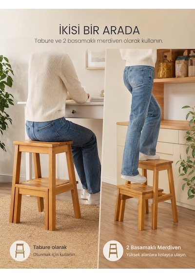 Gündays Home Merdiven Tabure Naturel Masif Gürgen Ağacı El Yapımı Naturek