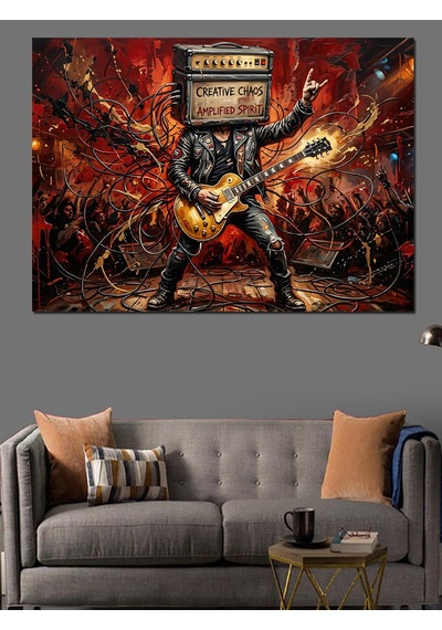 Amfi Kafalı Gitarist Rock Konseri Dekoratif Kanvas - Mdf Ahşap Tablo