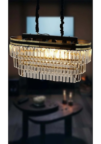 Sedef Şeritli 70x30 Cm Lik Kristal Taşlı Lüks Avize - Yatak Odası - Salon - Mutfak - Hol Altın