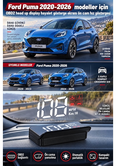 Ford Puma 2020-2026 Modeller İçin Obd2 Head Up Display Hayalet Gösterge Ekranı Ön Cam Hız Göstergesi