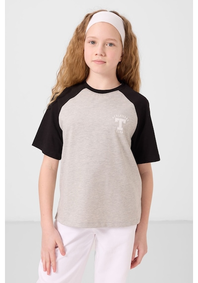 Gri Melanj O Yaka Pamuklu Baskılı Oversize Fit Kız Çocuk T-shirt - 75179 Gri Melanj